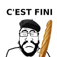 baguette beard beret bread closed_eyes closed_mouth clothes food france french_text frown glasses hat its_over soyjak subvariant:science_lover text variant:markiplier_soyjak // 1000x1000 // 252.4KB