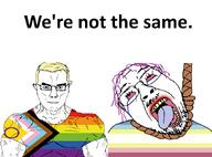 ack bait beard blond bloodshot_eyes buff chud crying glasses hanging lgbt lgbt_flag lgbtq map_(pedophile) meta:bait muscles open_mouth pedophile pride pride_flag purple_hair red_eyes rope subvariant:muscular_chud suicide tear text tongue variant:bernd variant:chudjak we're_not_the_same yellow_hair yellow_teeth you're_the_same // 662x488 // 145.4KB