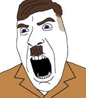 adolf_hitler angry blue_eyes brown_hair clothes hair mustache open_mouth soyjak suit variant:cobson // 726x826 // 97.7KB
