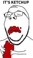 arm closed_eyes closed_mouth eating food frown glasses hand holding_object its_over ketchup soyjak stubble subvariant:wholesome_soyjak text variant:gapejak // 600x1053 // 154.5KB