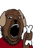 animal arm bone brown brown_skin clothes dog ear glasses hand holding_object open_mouth series:animaljaks soyjak stubble variant:gapejak // 389x572 // 128.1KB