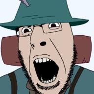 angry brown_eyes brown_skin clothes glasses hat moomin open_mouth snufkin soyjak stubble variant:cobson // 721x720 // 23.2KB