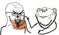 2soyjaks angry arm closed_mouth ear glasses gun hand holding_gun holding_object holding_pistol pistol smile soyjak stubble variant:impish_soyak_ears variant:soyak // 1104x655 // 163.8KB