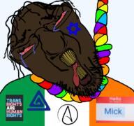 atheism bloodshot_eyes brown_skin brown_troonjak deformed flag flag:ireland glasses hair hello_my_name_is_(sticker) ireland mick_(namefag) mustache nambla pedophile rainbow slopjak star_(symbol) star_of_david teeth text tongue tranny transgender_flag variant:bernd yellow_teeth // 768x719 // 236.9KB