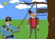 3soyjaks bloodshot_eyes bot clothes ghastly_gibus glasses grenade hanging helmet muscles open_mouth rope smile sniper_(tf2) soldier_(tf2) stubble subvariant:wholesome_soyjak sun team_fortress_2 teeth tongue tree variant:bernd variant:chudjak variant:gapejak video_game // 2100x1500 // 355.1KB