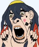 BB_academy angry blue_hair blush carmine carmine_hair ear earring facial_mark girl glasses hand makeup mole nose_piercing nose_ring open_mouth painted_nails paldean_club pokemon pokemon_indigo_disk pokemon_sv pokemon_teal_mask queen_of_spades red_hair soyjak spade stubble variant:cobson white_skin yellow_eyes // 723x861 // 52.0KB
