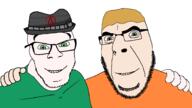 atheism clothes fedora friendship glasses green_eyes green_shirt hair hat ireland mick_(namefag) no_more_brother_wars orange_shirt stubble variant:cobson variant:feraljak white_skin yellow_hair // 2672x1500 // 129.8KB