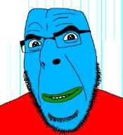 blue_skin frog glasses looking_at_you pepe red_shirt smile soyjak stubble variant:cobson // 775x849 // 66.8KB