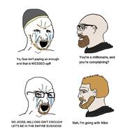 beanie beard bloodshot_eyes breaking_bad clothes crying glasses hat nordic_chad orange_hair soyjak stubble text variant:soyak // 3999x3999 // 480.3KB