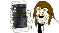 4chan anime arm brown_eyes brown_hair clothes female hair hand holding_object necktie open_mouth phone soyjak subvariant:female_feraljak text variant:feraljak // 1568x882 // 704.4KB