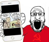 arm bors clothes comic communism glasses hand holding_object holding_phone iphone open_mouth phone soyjak stubble subvariant:phoneplier subvariant:phoneplier_vertical tshirt variant:markiplier_soyjak // 680x593 // 375.6KB