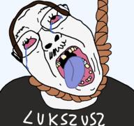 bloodshot_eyes brown_hair clothes crying glasses hair hanging missing_teeth mustache open_mouth rope soyjak suicide text tongue variant:bernd // 768x719 // 30.2KB