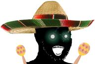 black_skin clothes glowing glowing_eyes green_eyes hat inverted maracas mexico open_mouth sombrero soyjak stubble subvariant:soyak_(crazed) thougher variant:soyak // 763x516 // 325.9KB