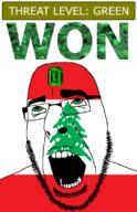 ahegao country emerald flag flag:lebanon gem glasses green green_eyes hair lebanon looking_up open_mouth plant schlog_color_event soyjak soyjak_blog stubble teeth text threat_level_green tree variant:cobson won // 721x1115 // 165.7KB