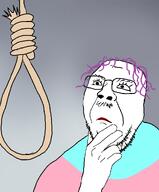 closed_mouth clothes glasses hand lipstick looking_to_the_left purple_hair rope stock_image stubble traced tranny transgender_flag troon variant:bernd // 830x1000 // 171.1KB