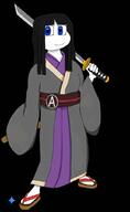 arm avengers black_background blue_eyes clothes full_body hand holding_object long_hair meta:ai_generated robe sandals sword variant:soytan // 627x1024 // 250.4KB