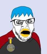 badge blue_hair clothes crazed glasses hair mustache nate open_mouth soyjak soyjak_party stubble twitter variant:feraljak // 1400x1630 // 369.0KB