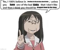 anime anime_female azumanga_daioh glasses imgflip.com impact_font kasuga_ayumu looking_at_you pointing_finger r_196 school_uniform smile speech_bubble subvariant:wholesome_soyjak text variant:gapejak watermark // 602x500 // 169.3KB