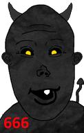 666 bald black_skin coal_skin creature demon demon_horns devil_horns evil forehead_lines looking_at_you meta:get mouth_open no_glasses no_stubble one_tooth red_text satan satanism shaved small_nose tail teeth teeth_showing transparent_background variant:vlodson yellow_eyes // 640x1011 // 255.0KB