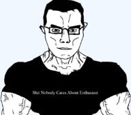 arm brown_eyes buff careless closed_mouth clothes enthusiast glasses hair soyjak subvariant:chudjak_front subvariant:muscular_chud tshirt variant:chudjak vein // 1059x929 // 31.0KB