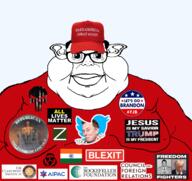 abraham_lincoln aipac all_lives_matter alt-lite blexit button claremont_institute closed_mouth clothes council_on_foreign_relations donald_trump elon_musk fat glasses hat india lets_go_brandon maga martin_luther_king_jr punisher_face republican russia subvariant:branigger the_rockefeller_foundation trilateral_commission tshirt twitter variant:brandon z_(russian_symbol) // 1675x1583 // 1.1MB
