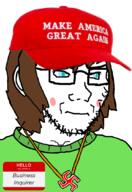 artist:nathaniel_higson blue_eyes brown_hair business_inquirer_(namefag) cap chara_(undertale) charafag clothes frown glasses green_shirt hat maga maga_hat name_tag namefags necklace rosy_cheeks stubble swastika sweater undertale variant:soyak // 740x1075 // 333.3KB