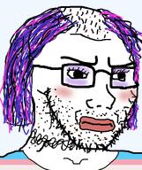 acne angry balding closed_mouth clothes eyelashes eyeshadow flag:transgender_pride_flag glasses hair lipstick makeup necklace purple_hair soyjak stubble tranny // 632x756 // 89.4KB