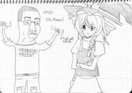 anime arm clothes excited female glasses hair hand hands_up meta:tagme open_mouth redraw soyjak text touhou traditional_media variant:chudjak video_game // 2965x2098 // 2.2MB