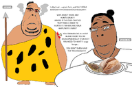 amputee angry bone bread brown_skin caveman caveman_garment clothes farmer fat fish full_body glasses hair hair_bun hunter_gatherer leopard_skin ooga_booga plate population smile soyjak spear subvariant:blobson subvariant:nucob sumerian table tan_skin text variant:cobson // 2089x1386 // 684.8KB