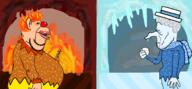 2soyjaks amerimutt arm background blue_shirt closed_mouth clothes clown_nose drool ear euromutt featured fire grey_hair hair hand hat ice icicle looking_at_each_other miser_brothers orange_skirt scarf snow snowball soyjak stubble subvariant:euromutt subvariant:impish_amerimutt teeth variant:impish_soyak_ears variant:markiplier_soyjak white_skin // 1511x702 // 634.3KB