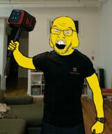 4chan 4cuck angry banhammer clothes crazed dog dog_ear ear freckles full_body glasses hand holding_hammer holding_object irl_background janny jay_louis_irwin mod open_mouth soyjak stubble tshirt variant:feraljak watch wristwatch yellow_skin // 857x1024 // 680.1KB
