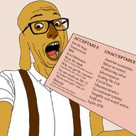 animal arm clothes dog ear glasses janny open_mouth pink_background soyjak suspenders text variant:esam2 yellow_skin // 1080x1078 // 325.7KB