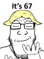 67 67_kid blond eyes_closed glasses hair its_over number smile smirking stubble subvariant:neutralplier text variant:markiplier_soyjak // 896x1200 // 226.1KB