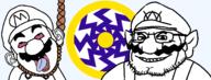 ack blue_eyes blue_tongue chin clothes crying glasses hanging hat looking_at_you mario mustache overalls red_eyes rope sonnenrad stubble variant:wahjak wario // 1488x563 // 94.2KB