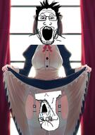 2soyjaks anime bloodshot_eyes breasts brown_hair censored clothes curtain dress female glasses hair holding_object iya_na_kao_sare_nagara_opantsu_misete_moraitai lifting_dress maid medium_breasts open_mouth soyjak stock stubble underpants variant:markiplier_soyjak variant:soyak window // 667x952 // 535.6KB