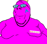 arch_linux banana_split_ice_cream closed_mouth fat glasses magenta_skin meta:namefags nipple obese pink quote quote_(user) series:fusionjaks skin smile stubble subvariant:branigger subvariant:wholesome_soyjak variant:brandon variant:gapejak // 1824x1724 // 227.3KB