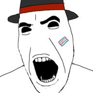clothes flag flag:transgender_pride_flag hat no_nose open_mouth pretty_blood soyjak teeth tranny variant:cobson // 721x720 // 27.5KB