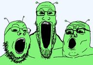 3soyjaks alien antenna black_eyes green_skin series:alienjaks series:trios_&_duos subvariant:longplier trend:soyjak_trio variant:gapejak variant:markiplier_soyjak variant:tony_soprano_soyjak // 2662x1868 // 113.5KB