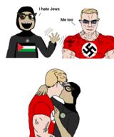2soyjaks a10_eyes blush buff clothes flag:palestine glasses hijab kiss love meta:leaky moon mudslime muscular_male open_mouth smile subvariant:chudjak_front swastika tranny trans trend:aryan variant:chudjak variant:soytan wave wholesome // 1215x1462 // 396.1KB
