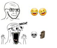 angry arm closed_mouth crying emoticon eyes_popping glasses hand hands_up laughing moai open_mouth soyjak stubble subvariant:waow subvariant:wewjak template text tongue variant:soyak waow yellow_teeth 💀 🗿 // 1280x1088 // 185.4KB