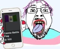czonia eyelashes flag glasses hair holding_object mustache open_mouth painted_nails phone purple_hair roblox soyjak stubble tongue tranny variant:bernd // 921x763 // 378.3KB