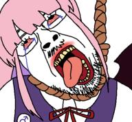 bloodshot_eyes clothes crying funamusea glasses hanging male_sex_symbol open_mouth pink_hair plum rope stubble tranny uniform variant:bernd white_background wing // 450x417 // 23.2KB