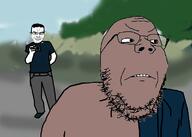 2soyjaks angry arm brown_skin closed_mouth clothes ear full_body glasses hair rytp smile soyjak stubble subvariant:chudjak_front tagm tambov_grandfather variant:chudjak variant:gapejak // 774x554 // 1.2MB