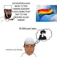 albert_(user) beard bloodshot_eyes brown_skin closed_eyes closed_mouth clothes crying femboy glasses hair hat islam open_mouth pointing pride_flag smile speech_bubble subvariant:chudjak_front text twinkjak variant:chudjak // 2048x2048 // 1.9MB