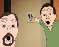 2soyjaks arm beard brown_hair clothes hair hand open_mouth pencil pointing restroom soyjak variant:two_pointing_soyjaks // 1024x810 // 81.5KB