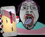 animal animated cat dark drum_n_bass glasses hair hand holding_object holding_phone iphone lipstick meme music open_mouth painted_nails phone purple_hair sound soyjak stubble the_sims_2 tongue tranny twitter variant:bernd video yellow_teeth // 921x763, 12.6s // 862.6KB