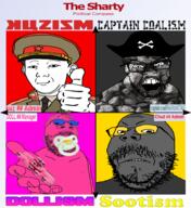 4soyjaks captain_coal closed_mouth clothes coal coal_skin collar_tabs communism ear epaulettes glasses grey_skin hammer_and_sickle hand hat kuz meta:tagme military_cap necktie pacifier pink_skin pirate pirate_hat political_compass smile soot soot_colors soviet_army_uniform soyjak soyjak_party stubble text thumbs_up uniform variant:carterjak variant:feraljak variant:gapejak variant:kuzjak // 1815x1975 // 2.4MB