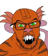 alien ear fangs glasses green_eyes hair kzin mustache nose open_mouth orange_skin ringworld soyjak stripes stubble tail teeth variant:feraljak // 540x630 // 183.5KB