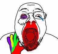 beaten black_eye blood broken_glasses broken_teeth crying glasses hand missing_teeth open_mouth soyjak stubble trend:colorjak variant:bernd // 1200x1125 // 266.9KB