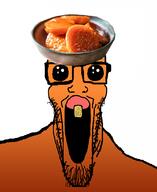 bowl candied_yams clothes flavorjak food glasses gradient hat one_tooth open_mouth orange_skin soyjak stretched_mouth stubble sweet variant:markiplier_soyjak yam yams yellow_teeth // 900x1100 // 231.2KB